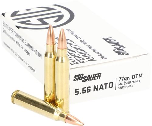 Sig Sauer Elite Match Grade Rifle Ammunition E556M420, 5.56x45mm NATO, Open Tip Match (OTM), 77 GR, 1250 fps, 20 Rd/bx