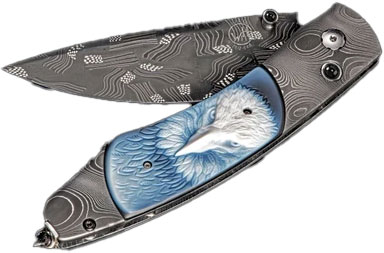 William Henry Spearpoint Dignity Folding Knife, Damascus Blade, Etched Damascus and Carved Banded Agate Handle (B12DIGNITY)