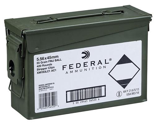 Federal XM Rifle Ammunition XM193LC1AC1, 5.56mm NATO, Full Metal Jacket, 55 GR, 3165 FPS, 420 Rd/Can
