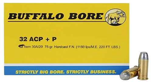 Buffalo Bore Handgun Ammunition 30A/20, 32 ACP +P, Hardcast Flat Nose (FN), 75 GR, 1150 fps, 20 Rd/Bx