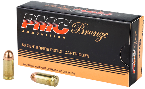 PMC Bronze Line Pistol Ammunition 380A, 380 ACP, Full Metal Jacket (FMJ), 90 GR, 920 fps, 50 Rd/bx