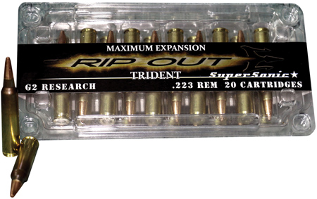 G2 Research Ripout Supersonic Rifle Ammunition G2RIP223, 223 Rem, Trident HP, 65 GR, 2840 fps, 20 Rd/bx