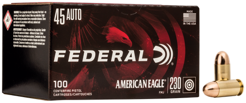 Federal American Eagle Pistol Ammunition AE45A100, 45 ACP, Full Metal Jacket (FMJ), 230 GR, 890 fps, 100 Rd/bx