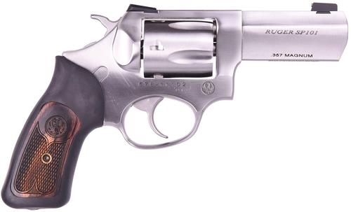 Ruger SP101 Revolver 15710, 357 Mag/38 Special, 3", Black Rubber w/Wood Inserts Grips, Satin Stainless Finish, 5 Rds