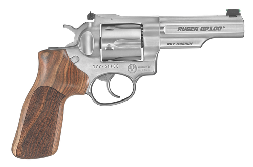 Ruger GP100 Double Action Revolver 1755, 357 Magnum, 4", Adj Sight, Hogue Stippled Hardwood, Satin Stainless Finish, 6rd
