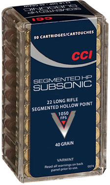 CCI Gamepoint Subsonic Rimfire Ammunition 0074, 22 Long Rifle, Segmented Hollow Point (HP), 40 GR, 1050 fps, 50 Rd/bx