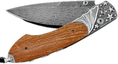 William Henry Spearpoint Iwo Jima Folding Knife, Damascus Blade, Carved Sterling Silver and Teak Wood Handle (B12IWOJIMA)