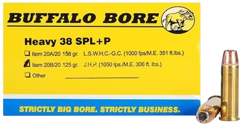 Buffalo Bore Handgun Ammunition 20B/20, 38 Special +P, Jacketed Hollow Point (JHP), 125 GR, 1050 fps, 20 Rd/Bx