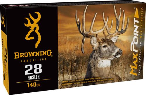 Browning Rifle Ammunition B192100282, 28 Nosler, Max Point, 140 gr, 3315 fps, 20 Rd/Bx