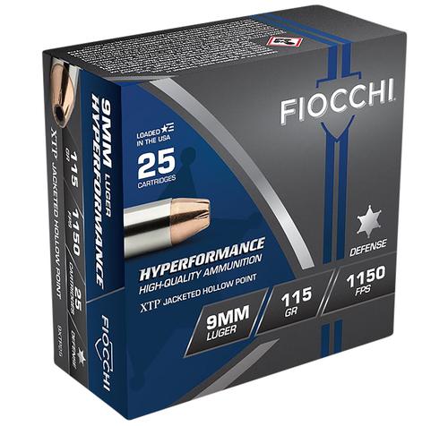Fiocchi Hyperformance Defense Pistol Ammunition 9XTP25, 9mm Luger, Hornady XTP Hollow Point, 115  GR, 1150  fps, 25 Rd/bx