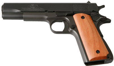 Taylors 1911 Pistol w/Checkered Arched Mainspring Housing 1911AC, 45 ACP, 5 in, Checkered Wood Grip, Black Finish, 8 Rd