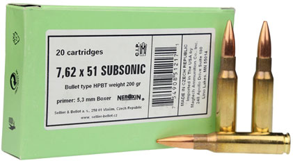 Sellier & Bellot Subsonic Rifle Ammunition SB308SUBA, 7.62x51mm NATO, Hollow Point Boat Tail (HPBT), 200 GR, 20 rd/bx