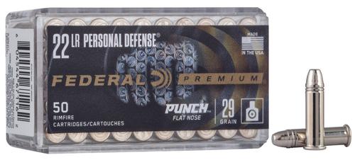 Federal Punch Rimfire Ammunition PD22L1, 22 LR, Flat Nose, 29 gr, 1080 fps, 50 Rds/Bx