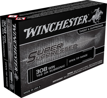 Winchester Super Suppressed Rifle Ammunition SUP308, 308 Winchester, Open Tip, 168 GR, 1060 fps, 20 Rds/Bx