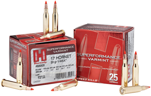 Hornady Superformance Varmint Rifle Ammunition 83005, 17 Hornet, V-Max, 20 GR, 3650 fps, 25 Rd/bx