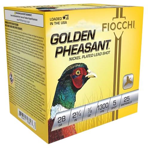Fiocchi Golden Pheasant 28GP5, 28 Gauge, 2-3/4", 7/8 oz, 1300 fps, #5 Nickel-Plated Lead Shot, 25 Rds/Bx