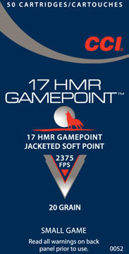 CCI HMR Gamepoint Small Game Rimfire Ammunition 0052, 17 HMR, Jacketed  Soft Point (SP), 20 GR, 2375 fps, 50 Rd/bx