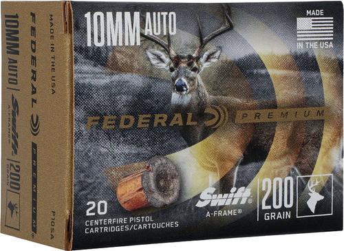 Federal Premium Hunting Pistol Ammunition P10SA, 10mm, Swift A-Frame (SWFR), 200 GR, 20 Rd/bx