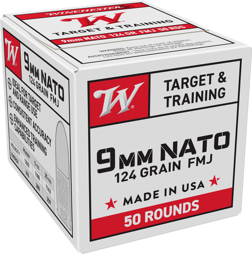 Winchester Target & Training Pistol Ammunition W9NATO50, 9mm, FMJ, 124 gr, 50 Rd/Bx