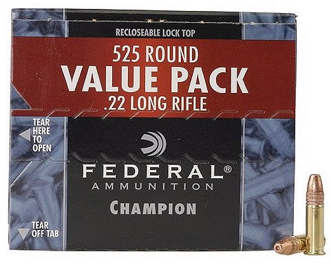 Federal Premium Champion Rimfire Ammunition 745, 22 Long Rifle, Copper Plated HP, 36 GR, 1260 fps, 525 Rd/b