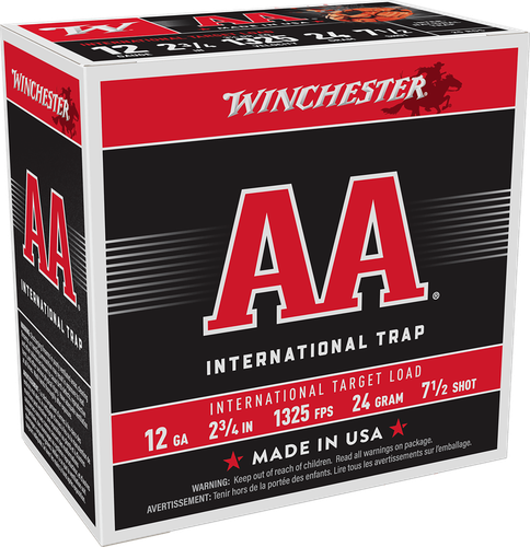 Winchester AA Target International AANL1275, 12 Gauge, 2-3/4", 24 grams, 1325 fps, #7.5 Lead Shot, 25 Rds/Bx
