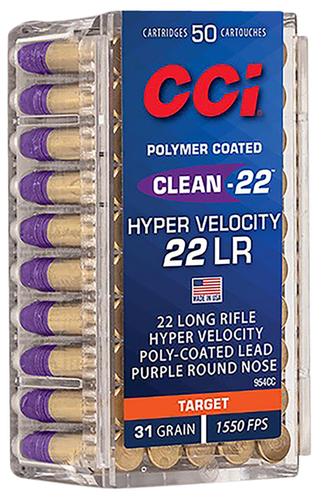 CCI Clean-22 Rimfire Ammunition 954CC, 22 LR, LN Purple, 31 gr, 1550 fps, 50 Rds/Bx