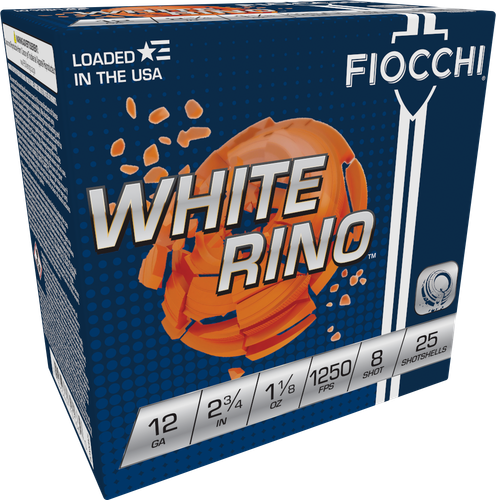 Fiocchi Premium Target White Rino Shotshells 12WRNO8, 12 Gauge, 2-3/4", 1-1/8 oz, 1250 fps, #8 Lead Shot, 25 Rds/Bx