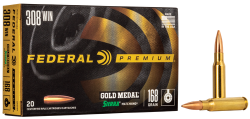 Federal Premium Gold Medal Rifle Ammunition GM308M, 308 Winchester, Sierra Match King BTHP, 168 GR, 2650 fps, 20 Rd/bx