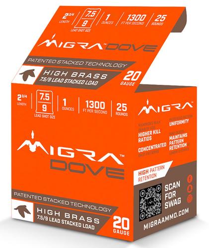 Migra High Brass Stacked Dove Shotshells M20LF759, 20 Gauge, 2 3/4", 1 oz, 1300  fps, 7.5/9 Shot, 25 Rd/bx