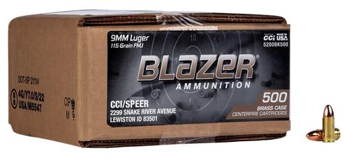 CCI Blazer Brass Pistol Ammunition 5200BK500, 9mm Luger, Full Metal Jacket, 115 gr, 1145 fps, 500 Rd/Bx