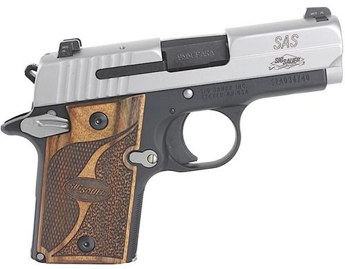 Sig P938 SAS Pistol 9389SASAMBI, 9mm, 3 in, Brown Checkered Wood Grip, Two-Tone Finish, Night Sights, 6 Rd