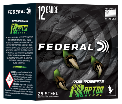Federal Rob Roberts Raptor Steel Shotshells, 12 Gauge, 3 in, 1 3/8 oz, 1400 fps, #4 Shot, 25 Rds/Bx