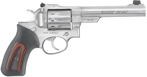 Ruger GP100 Rimfire Revolver 1757, 22 Long Rifle, 5.5 in, Rubber/Wood Grips, Satin Stainless Finish