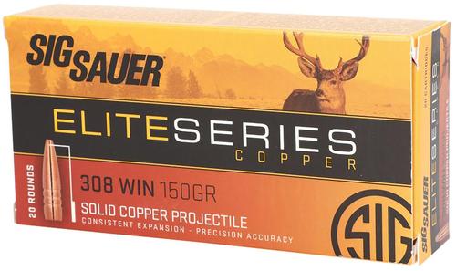 Sig Elite Performance Rifle Ammunition, 308 Winchester, Lead-Free, 150 GR, 2900 fps, 20 Rd/Bx