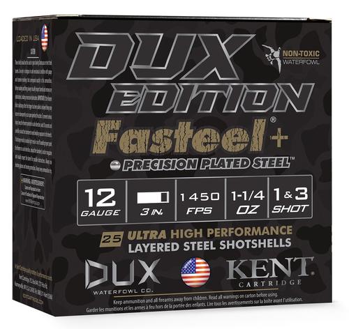 Kent Cartridge Dux Edition Fasteel+ Value Pack Shotshells, 12 Gauge, 3", 1 1/4 oz, 1450 fps, #1x3 Steel Shot, 100 Rds/box