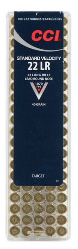 CCI Standard Velocity Target/Plinking Rimfire Ammunition 0032, 22 Long Rifle, Round Nose (RN), 40 GR, 1070 fps, 100 Rd/bx