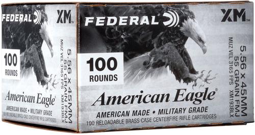 Federal American Eagle Rifle Ammunition XM193BLX, 5.56mm NATO, Full Metal Jacket FMJ, 55 GR, 3165 fps, 100 Rd/bx