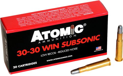 Atomic Rifle Ammunition 00410, 30-30 Win, Lead Round Nose Flat Point, 165 gr, 1050 fps, 20 Rd/Bx