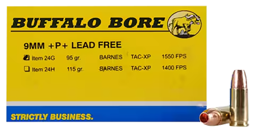 Buffalo Bore Lead-Free Pistol Ammunition 24G/20, 9mm, Barnes TAC-XP, 95 GR, 1550 fps, 20 Rd/Bx