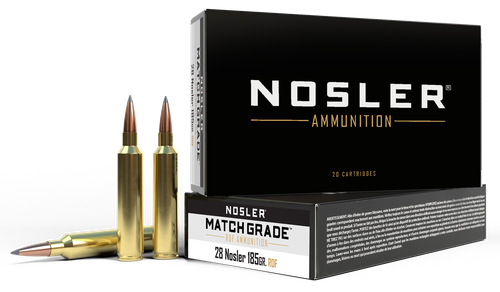 Nosler RDF Rifle Ammunition 60141, 28 Nosler, Hollow Point Boat Tail (HPBT), 185 gr, 3574 ft lbs, 20 Rd/Bx