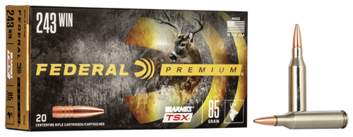 Federal Premium Vital-Shok Rifle Ammunition P243K, 243 Winchester, Barnes Triple Shock X-Bullet, 85 GR, 3200 fps, 20 Rd/bx
