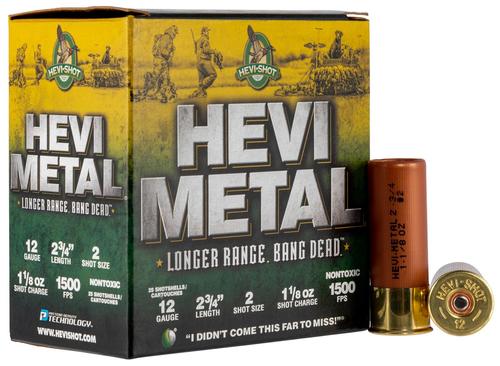 HEVI-Metal Longer Range Shotshells HS38702, 12 Gauge, 2-3/4", 1 1/8 oz, 1500 fps, #2 Steel Shot, 25 Rds/bx