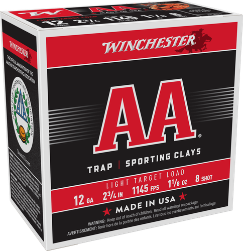 Winchester AA Light Target AA128, 12 Gauge, 2-3/4", 1-1/8 oz, 1145 fps, #8 Lead Shot, 25 Rds/Bx
