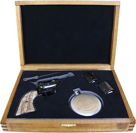 Heritage Barkeep Revolver w/Display Case, Flask, and Shot Glasses BK22B2KIT3, 22 LR, 2", Stag Grip, Black Finish, 6 Rd