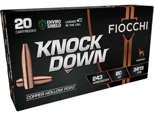 Fiocchi Knock Down Rifle Ammunition 243CHA, 243 Win, Hollow Point, 80 gr, 3415 fps, 20 Rd/Bx
