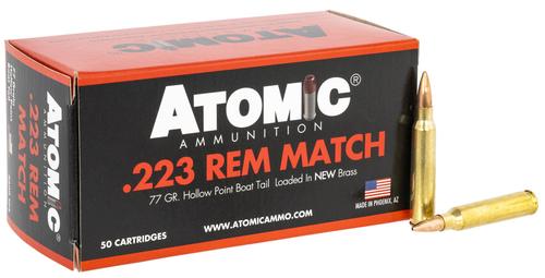 Atomic Rifle Ammunition 00427, 223 Remington, Hollow Point Boat Tail, 77 gr, 2600 fps, 50 Rd/Bx