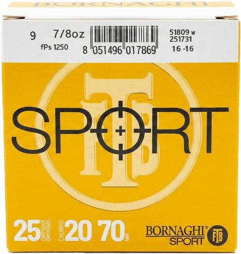 Bornaghi Sport Target Loads, 20 Gauge, 2-3/4", 7/8 oz, 1250 fps, #9 Shot, 25 Rd/bx