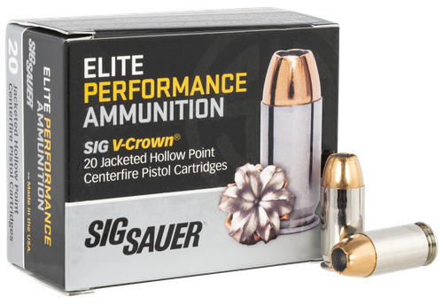 Sig Sauer Elite Performance Pistol Ammunition E45AP1, 45 ACP, JHP V-Crown, 200 GR, 918 fps, 20 Rd/bx