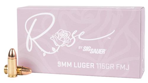 Sig Rose Pistol Ammunition E9MMB1ROSE50, 9mm Luger, Full Metal Jacket, 115 gr, 1050 fps, 50 Rd/Bx