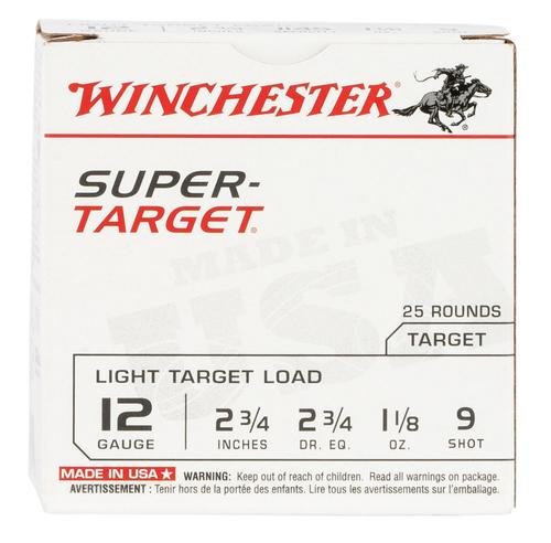 Winchester Super-Target Light Target Shotshells TRGT129, 12 Gauge, 2-3/4", 1 1/8 oz, 1145 fps, #9 Lead Shot, 25 Rds/box